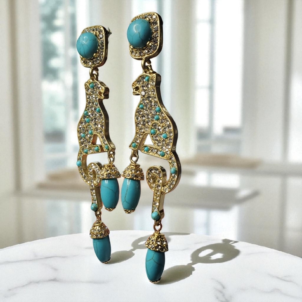 Gold Panther Leopard Massive Turquoise Crystal Dangle Earrings - Picture 2 of 4